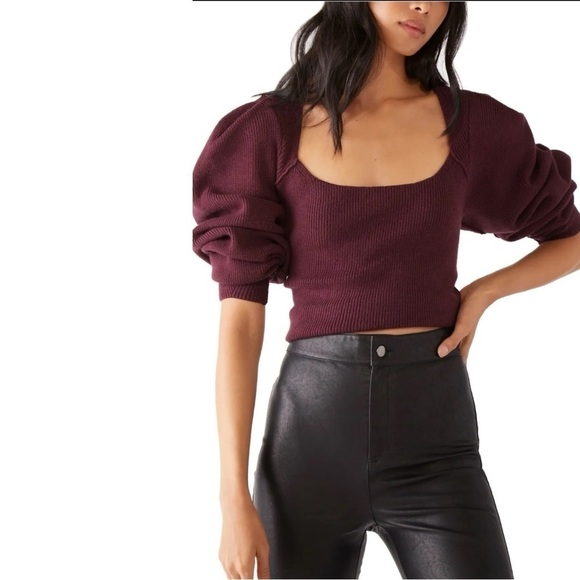 Free People Saffron Top in Pomegranate Wine Small NWT NEW Puff Sleeve Open Back - Picture 7 of 14